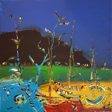Картина под названием "La plage Spirouli" - Muriel Cayet, Подлинное произведение искусства, Акрил Установлен на Деревянная р…