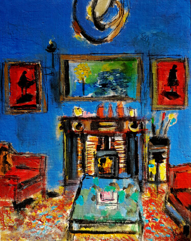 Painting titled "Salon bleu Provence" by Muriel Cayet, Original Artwork, Acrylic Mounted on Cardboard