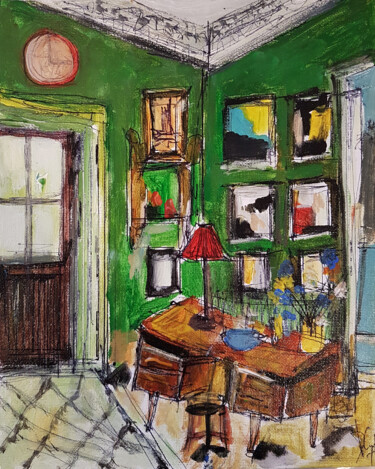 Peinture intitulée "Le bureau vert" par Muriel Cayet, Œuvre d'art originale, Acrylique Monté sur Carton