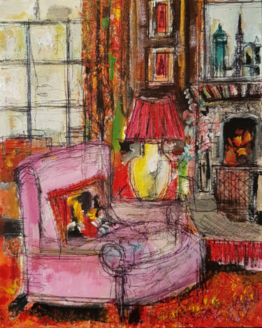 Painting titled "Fauteuil rose au ta…" by Muriel Cayet, Original Artwork, Acrylic Mounted on Cardboard