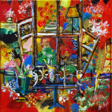 Painting titled "Fenêtre rouge" by Muriel Cayet, Original Artwork, Acrylic Mounted on Wood Stretcher frame