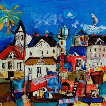 Painting titled "Village-collage" by Muriel Cayet, Original Artwork, Acrylic Mounted on Cardboard