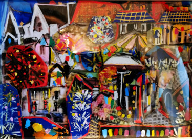 제목이 "Fête du village fle…"인 미술작품 Muriel Cayet로, 원작, 콜라주 판지에 장착됨