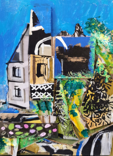 Collages intitulée "Un château en Breta…" par Muriel Cayet, Œuvre d'art originale, Acrylique Monté sur Carton