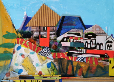 Painting titled "Jeu de maisons" by Muriel Cayet, Original Artwork, Collages Mounted on Cardboard