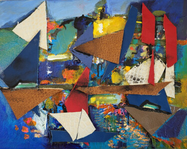 Colagens intitulada "Les frontières du s…" por Muriel Cayet, Obras de arte originais, Colagens Montado em Armação em madeira