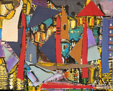 Collages titled "Les maisons du rega…" by Muriel Cayet, Original Artwork, Collages Mounted on Wood Stretcher frame