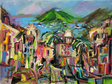 Painting titled "Amalfi verde" by Muriel Cayet, Original Artwork, Acrylic Mounted on Wood Stretcher frame