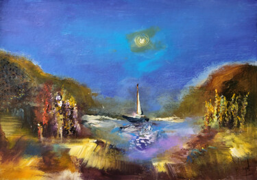 Painting titled "La crique bleue" by Muriel Cayet, Original Artwork, Acrylic