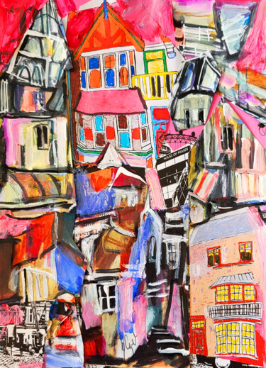 Collages titled "La ville rose" by Muriel Cayet, Original Artwork, Collages