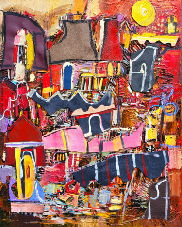 Peinture intitulée "Danse de maisons au…" par Muriel Cayet, Œuvre d'art originale, Acrylique Monté sur Châssis en bois