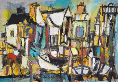 Painting titled "Le rivage porte l'e…" by Muriel Cayet, Original Artwork, Gouache Mounted on Cardboard