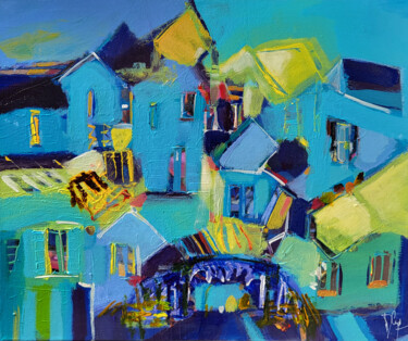 Painting titled "Village en Vallée B…" by Muriel Cayet, Original Artwork, Acrylic Mounted on Wood Stretcher frame