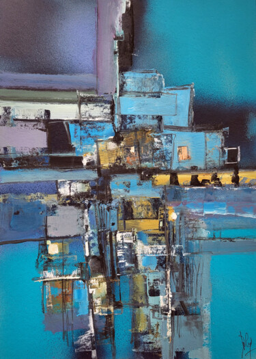 Malerei mit dem Titel "Le port-refuge" von Muriel Cayet, Original-Kunstwerk, Gouache Auf Karton montiert