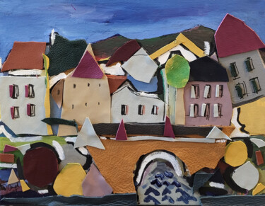 Painting titled "Bord de Loir" by Muriel Cayet, Original Artwork, Collages Mounted on Wood Stretcher frame