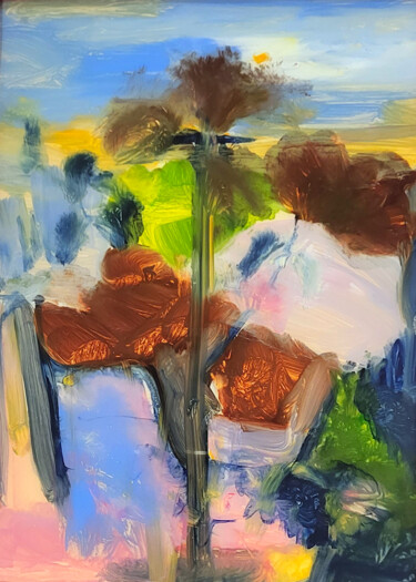 Malerei mit dem Titel "Lande bleue" von Muriel Cayet, Original-Kunstwerk, Acryl Auf Karton montiert