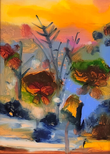 Painting titled "Fleurs du couchant" by Muriel Cayet, Original Artwork, Acrylic Mounted on Cardboard