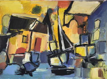 Peinture intitulée "Paysage à l'horizon…" par Muriel Cayet, Œuvre d'art originale, Gouache