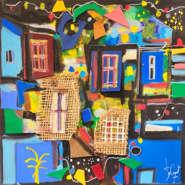 Painting titled "Quartier en mouvance" by Muriel Cayet, Original Artwork, Acrylic Mounted on Wood Stretcher frame