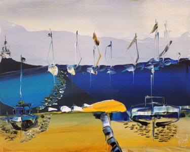 Painting titled "La plage du Golf" by Muriel Cayet, Original Artwork, Acrylic Mounted on Cardboard