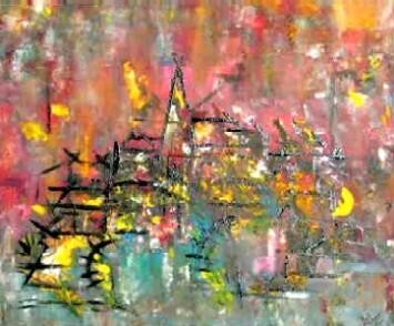 Peinture intitulée "Un village rouge- o…" par Muriel Cayet, Œuvre d'art originale, Huile