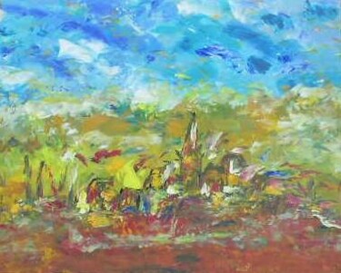 Peinture intitulée "Village du soir d'o…" par Muriel Cayet, Œuvre d'art originale, Autre