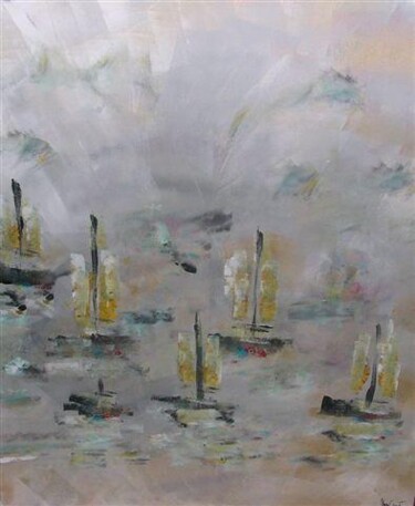 Peinture intitulée "La mer est grise- o…" par Muriel Cayet, Œuvre d'art originale
