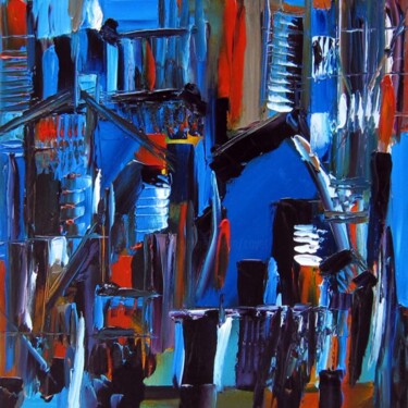 Malerei mit dem Titel "Quartier bleu" von Muriel Cayet, Original-Kunstwerk, Öl
