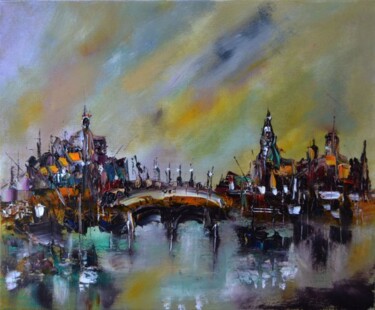 Peinture intitulée "La ville aux beffro…" par Muriel Cayet, Œuvre d'art originale, Huile