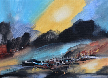 Pintura titulada "Littérature au lac" por Muriel Cayet, Obra de arte original, Acrílico