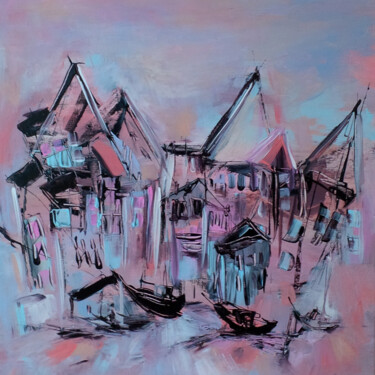 Peinture intitulée "Une ville rose" par Muriel Cayet, Œuvre d'art originale