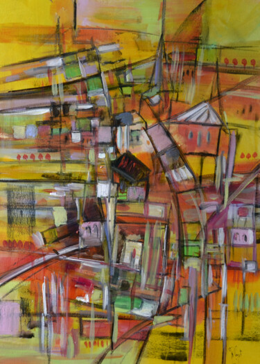 Painting titled "Le réseau Paysage" by Muriel Cayet, Original Artwork, Acrylic