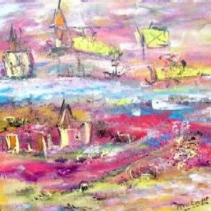 Painting titled "Les deux villages" by Muriel Cayet, Original Artwork, Oil