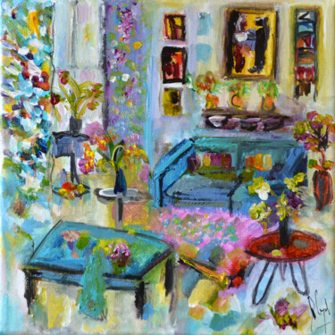 Malerei mit dem Titel "Le salon turquoise…" von Muriel Cayet, Original-Kunstwerk