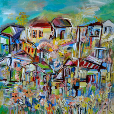 Painting titled "Un village exposé a…" by Muriel Cayet, Original Artwork, Acrylic