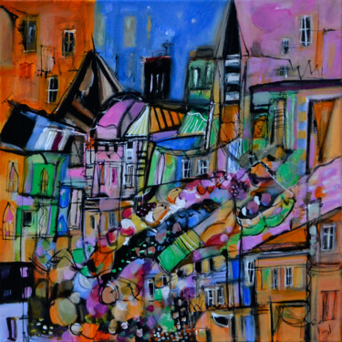 Painting titled "Colorful district" by Muriel Cayet, Original Artwork, Acrylic
