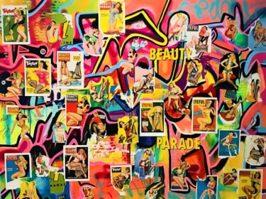Collagen mit dem Titel "PIN UP UNIVERSE" von Muriel Deumie, Original-Kunstwerk, Sprühfarbe Auf Keilrahmen aus Holz montiert