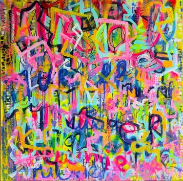 Malarstwo zatytułowany „La boum” autorstwa Muriel Deumie, Oryginalna praca, Farba w spray'u Zamontowany na Drewniana rama no…