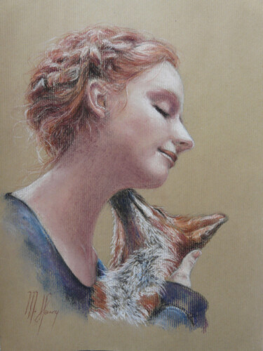 Painting titled "Jeune fille et rena…" by Muriel Henry, Original Artwork, Pastel