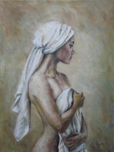 Painting titled "Femme au drapé" by Muriel Henry, Original Artwork, Oil Mounted on Wood Stretcher frame