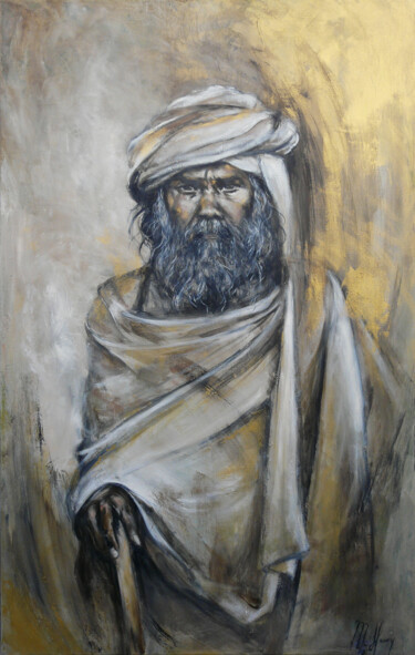 Painting titled "Vieil homme au turb…" by Muriel Henry, Original Artwork, Oil Mounted on Wood Stretcher frame