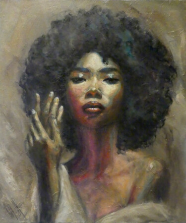 Schilderij getiteld "Afro" door Muriel Henry, Origineel Kunstwerk, Olie Gemonteerd op Frame voor houten brancard