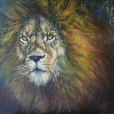 Painting titled "Portrait lion" by Muriel Henry, Original Artwork, Oil Mounted on Wood Stretcher frame
