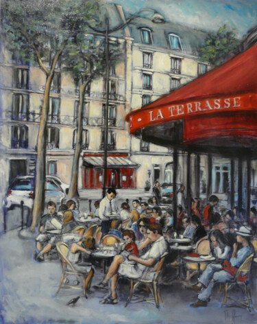 Painting titled "La terrasse" by Muriel Henry, Original Artwork, Oil Mounted on Wood Stretcher frame