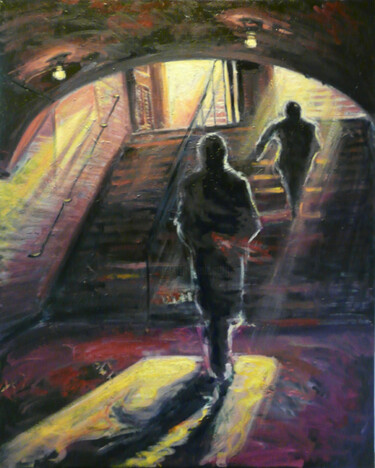 Pintura intitulada "Sortie de métro" por Muriel Henry, Obras de arte originais, Óleo Montado em Armação em madeira