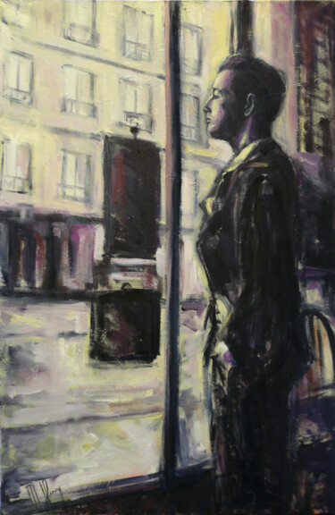 Painting titled "L'attente" by Muriel Henry, Original Artwork, Oil Mounted on Wood Stretcher frame