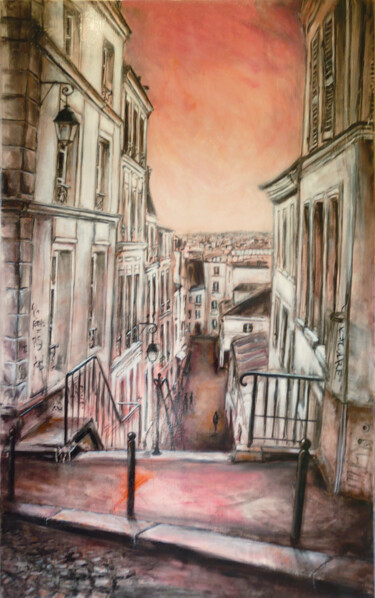 Malerei mit dem Titel "Rue de Montmartre" von Muriel Henry, Original-Kunstwerk, Öl Auf Keilrahmen aus Holz montiert