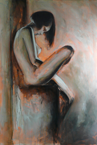 Painting titled "Nu assis profil" by Muriel Henry, Original Artwork, Oil Mounted on Wood Stretcher frame