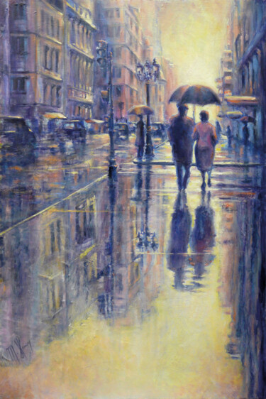 Painting titled "Balade sous la pluie" by Muriel Henry, Original Artwork, Oil Mounted on Wood Stretcher frame