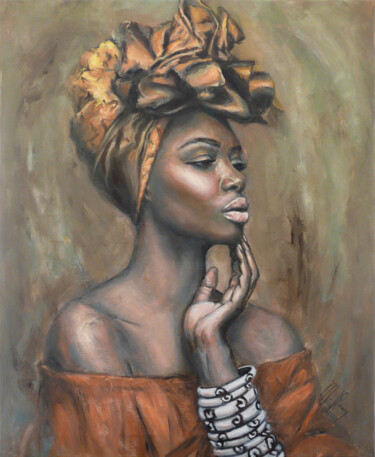 Painting titled "Turbanista" by Muriel Henry, Original Artwork, Oil Mounted on Wood Stretcher frame